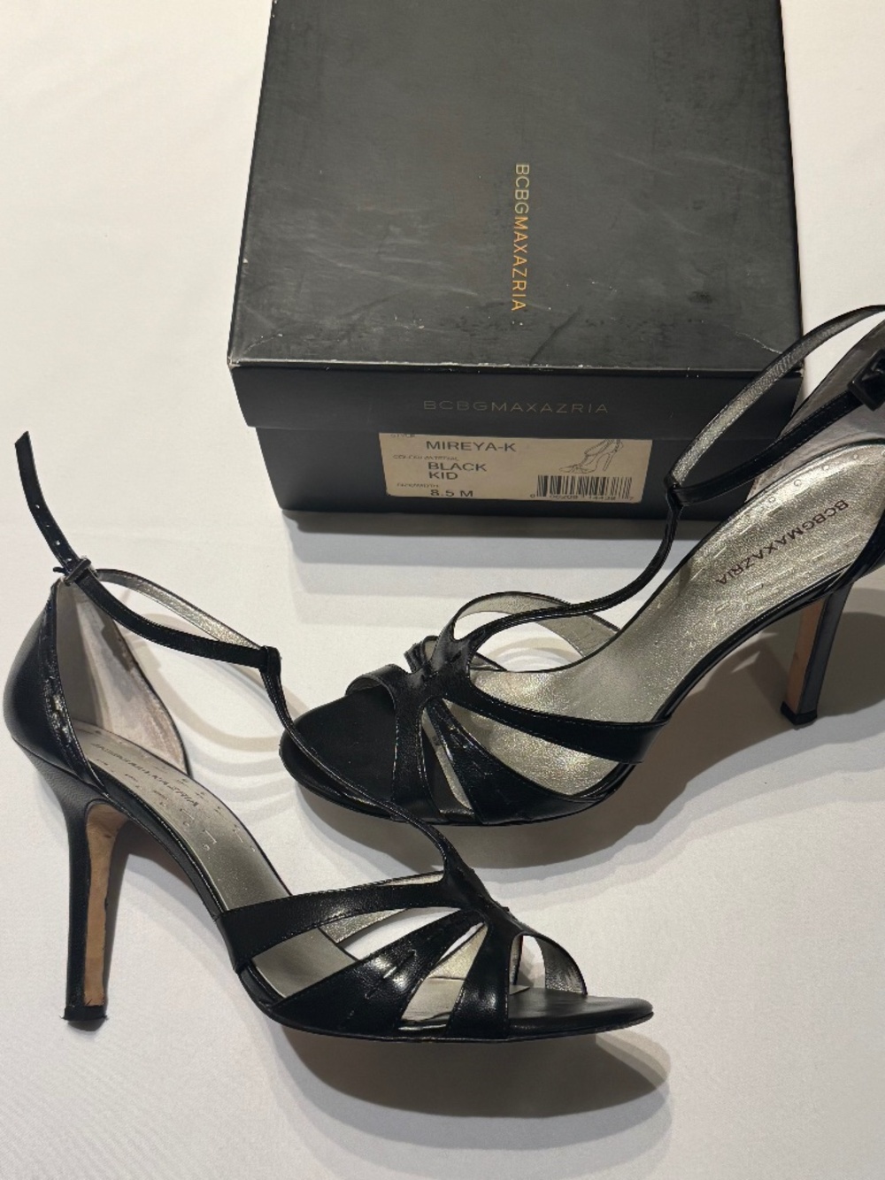BCBG Max Azria Black Leather Strappy Heels 8.5 Mireya